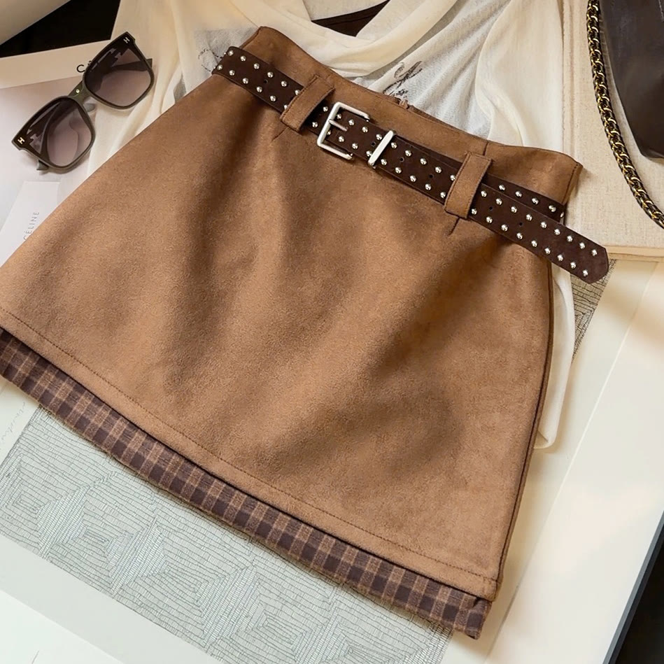 Vintage Plaid Contrast Suede Layered Skirt - Khaki - XL - image 1