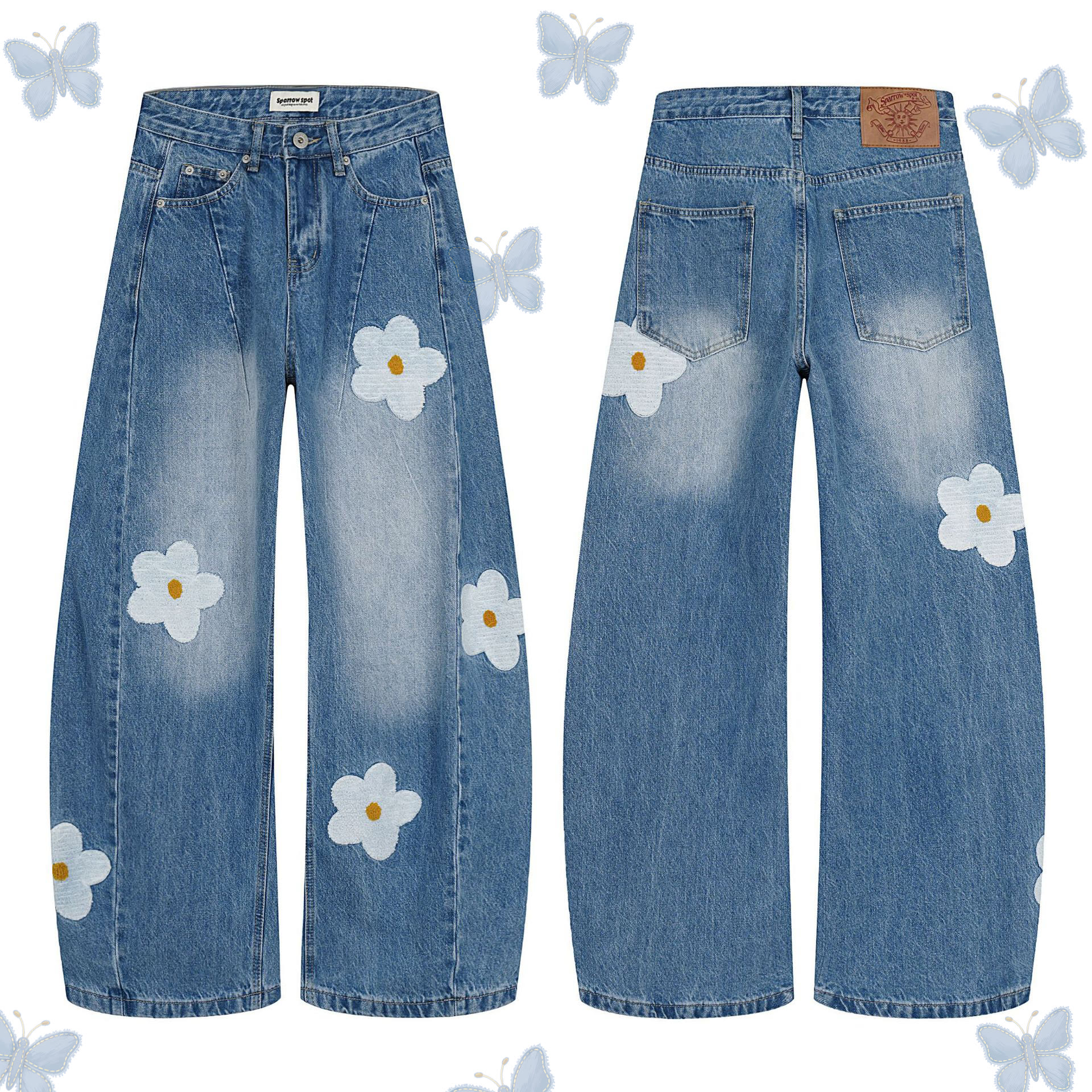 Chic Floral Embroidered Patchwork Jeans - image 1