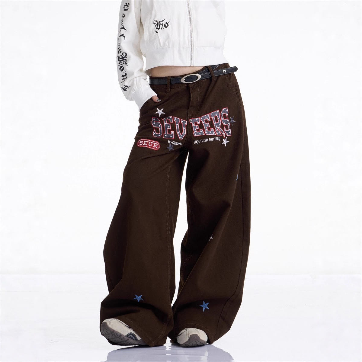 Vintage Print Wide Leg Denim Jeans - Brown - 3XL - image 2
