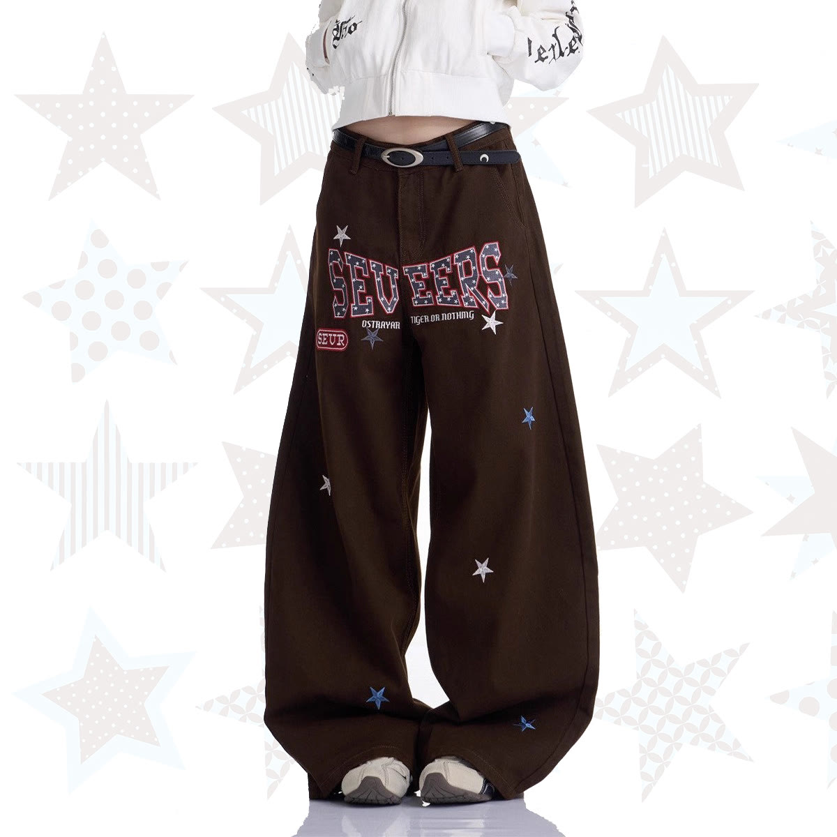 Vintage Print Wide Leg Denim Jeans - image 1