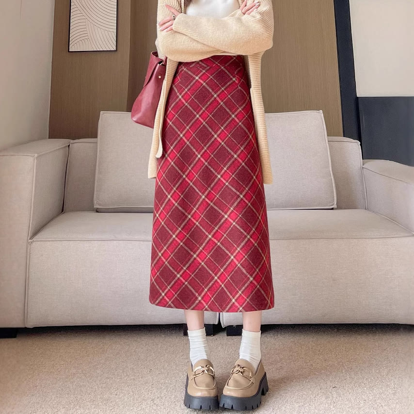 Vintage Wool Plaid A-Line Skirt - Bright Red - XL - image 4