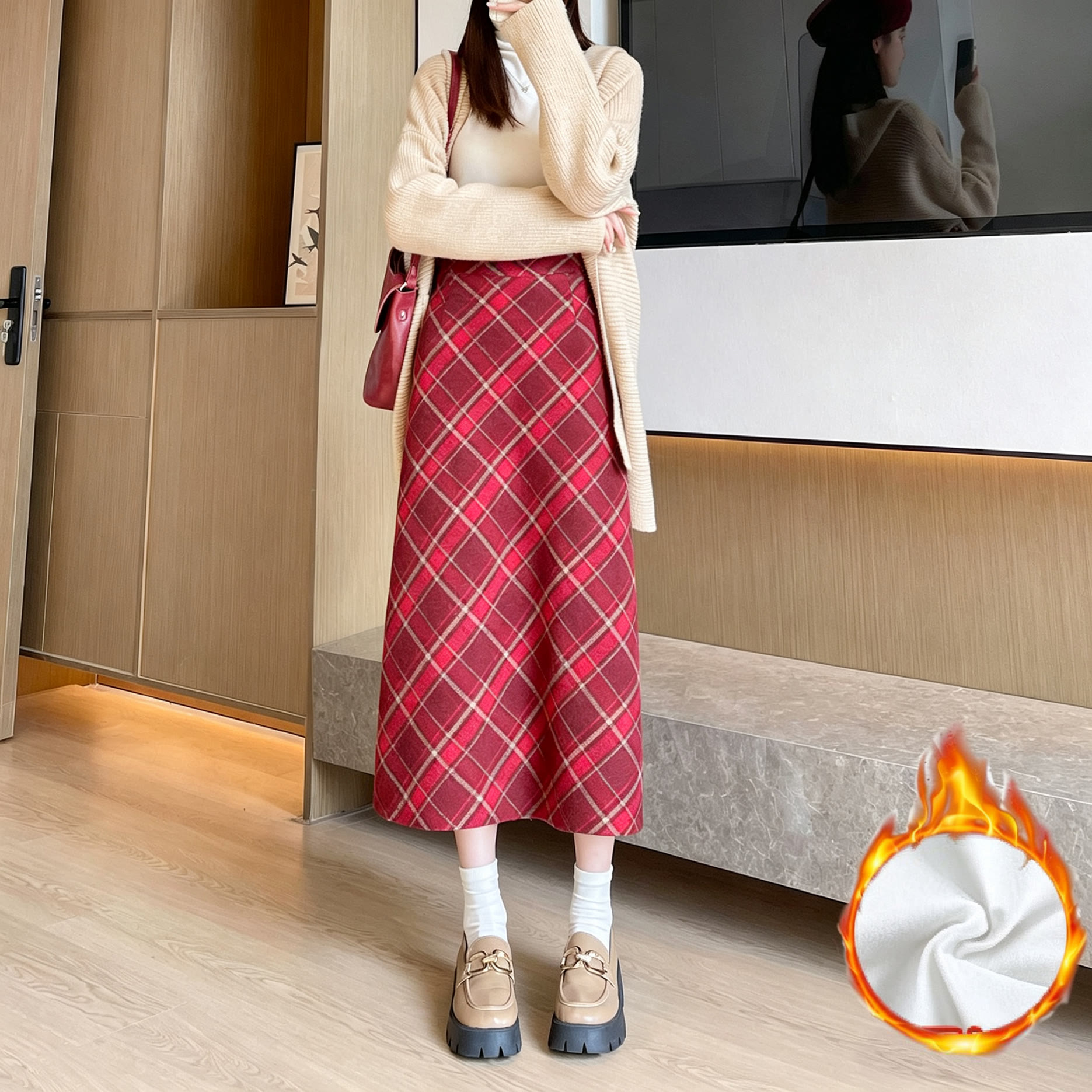 Vintage Wool Plaid A-Line Skirt - Bright Red Fleece-Lined - XL - image 5