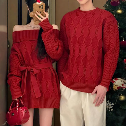 Chic Red Couple Matching Sweaters - image 2