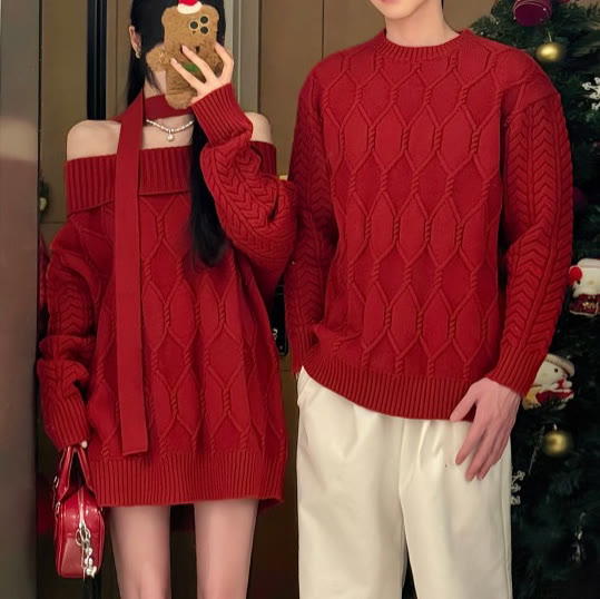 Chic Red Couple Matching Sweaters - image 1
