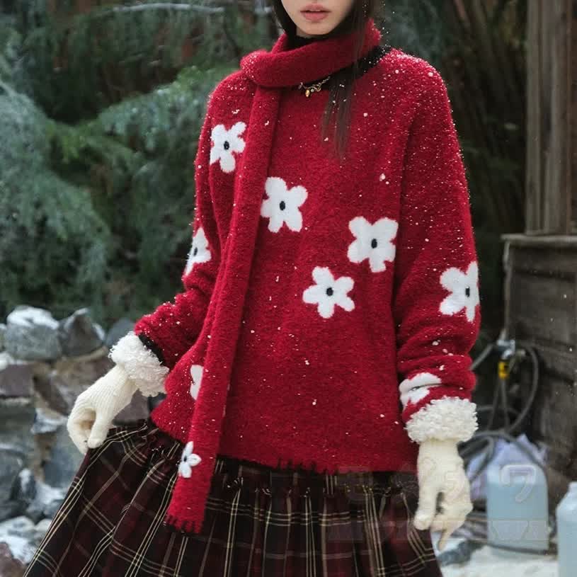 Floral Crew Neck Knit Sweater - Red - XL - image 1