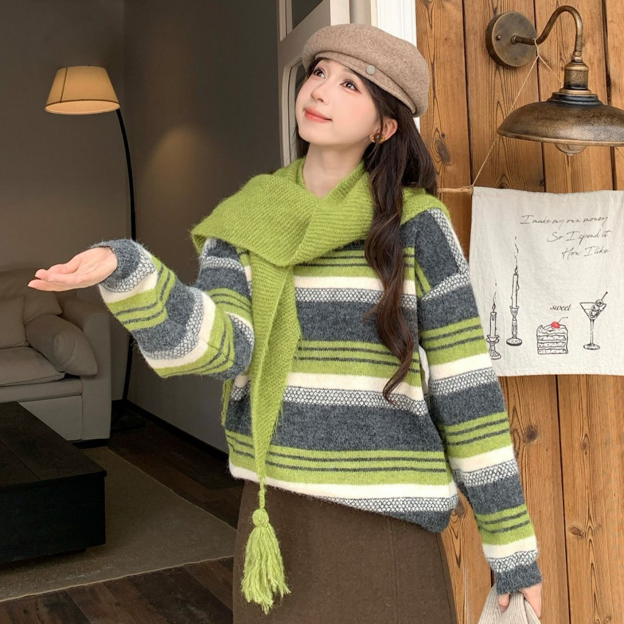 Vintage Triangle Scarf Knit Top - Green - L - image 1