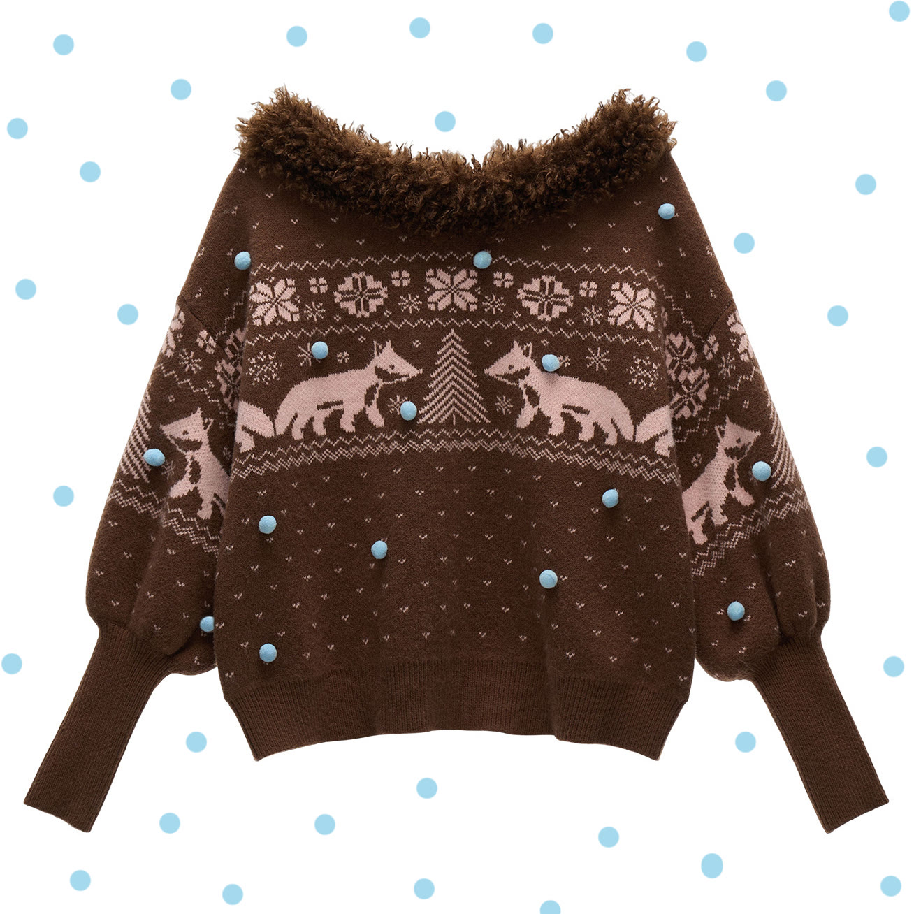 Off Shoulder Fair Isle Fur Collar Sweater - image 1