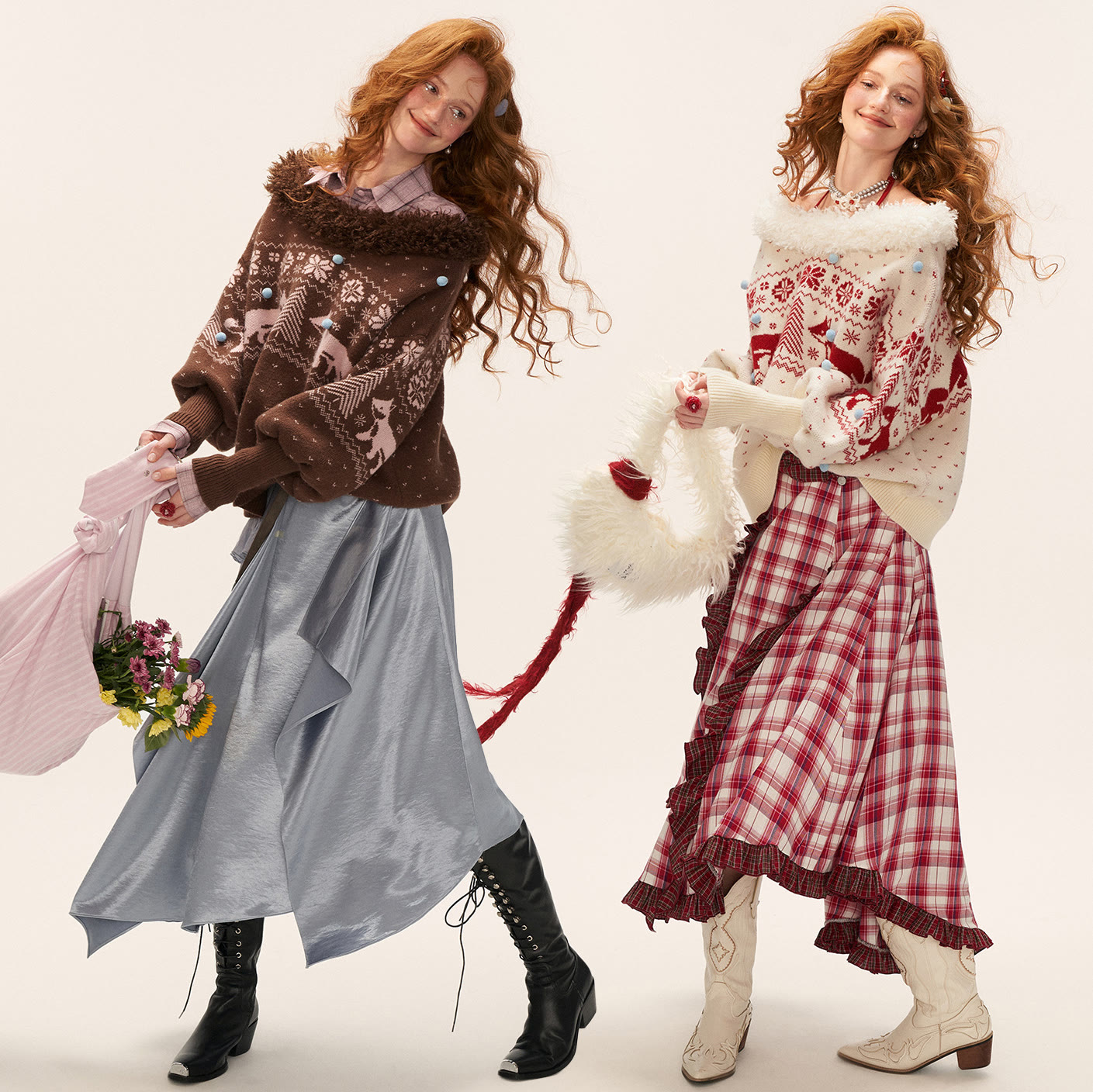 Off Shoulder Fair Isle Fur Collar Sweater - image 2