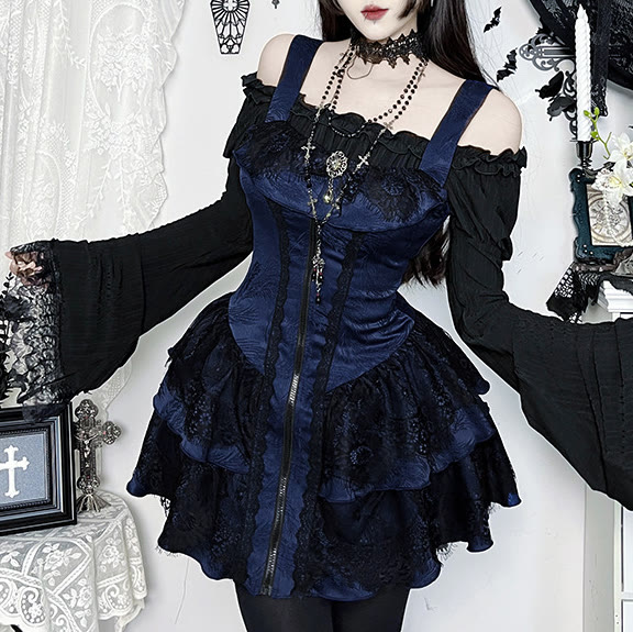 Gothic Lace Square Neck Dress and Top Two Pieces Set - image 1