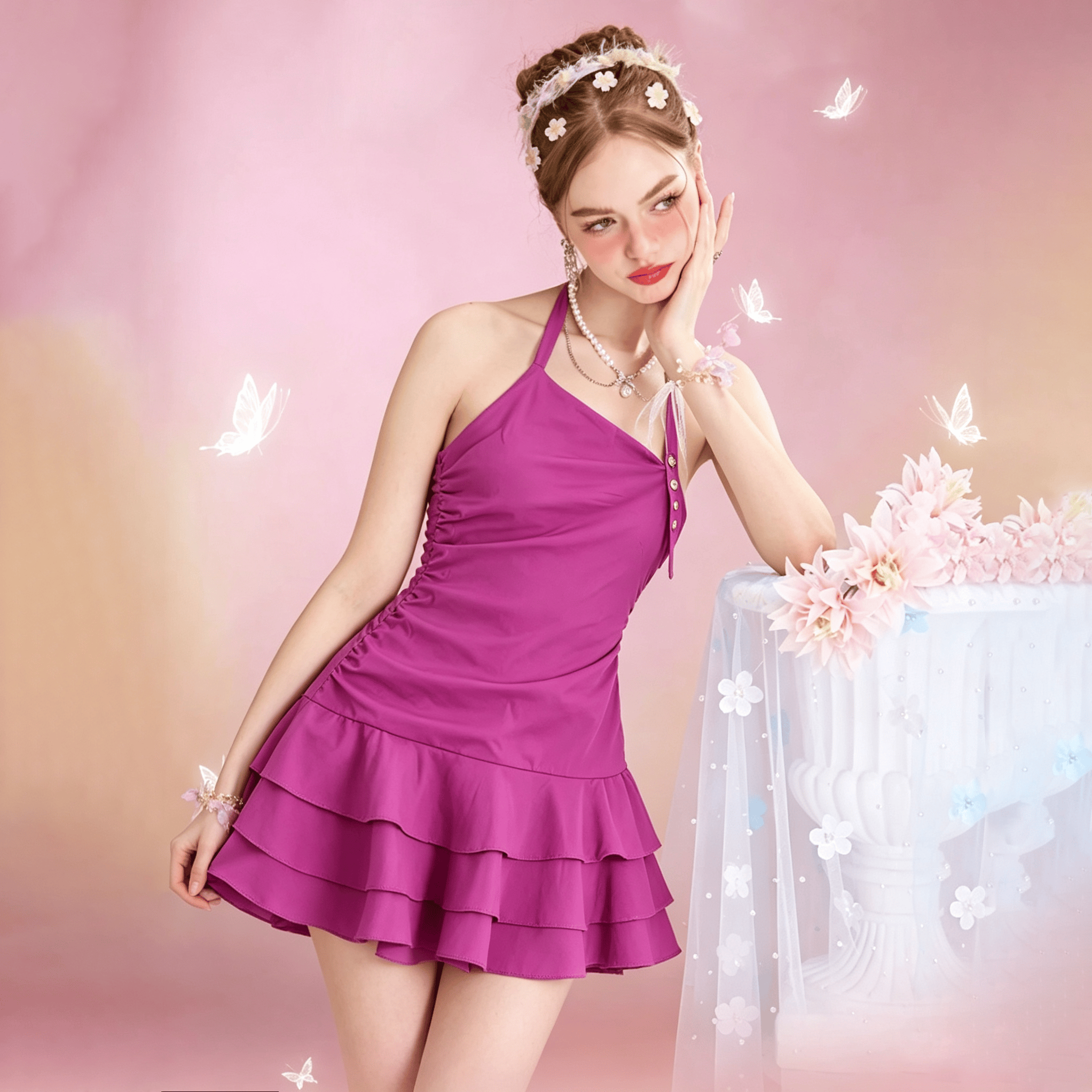 Backless Layered Halter Neck Dress - Magenta - L - image 1