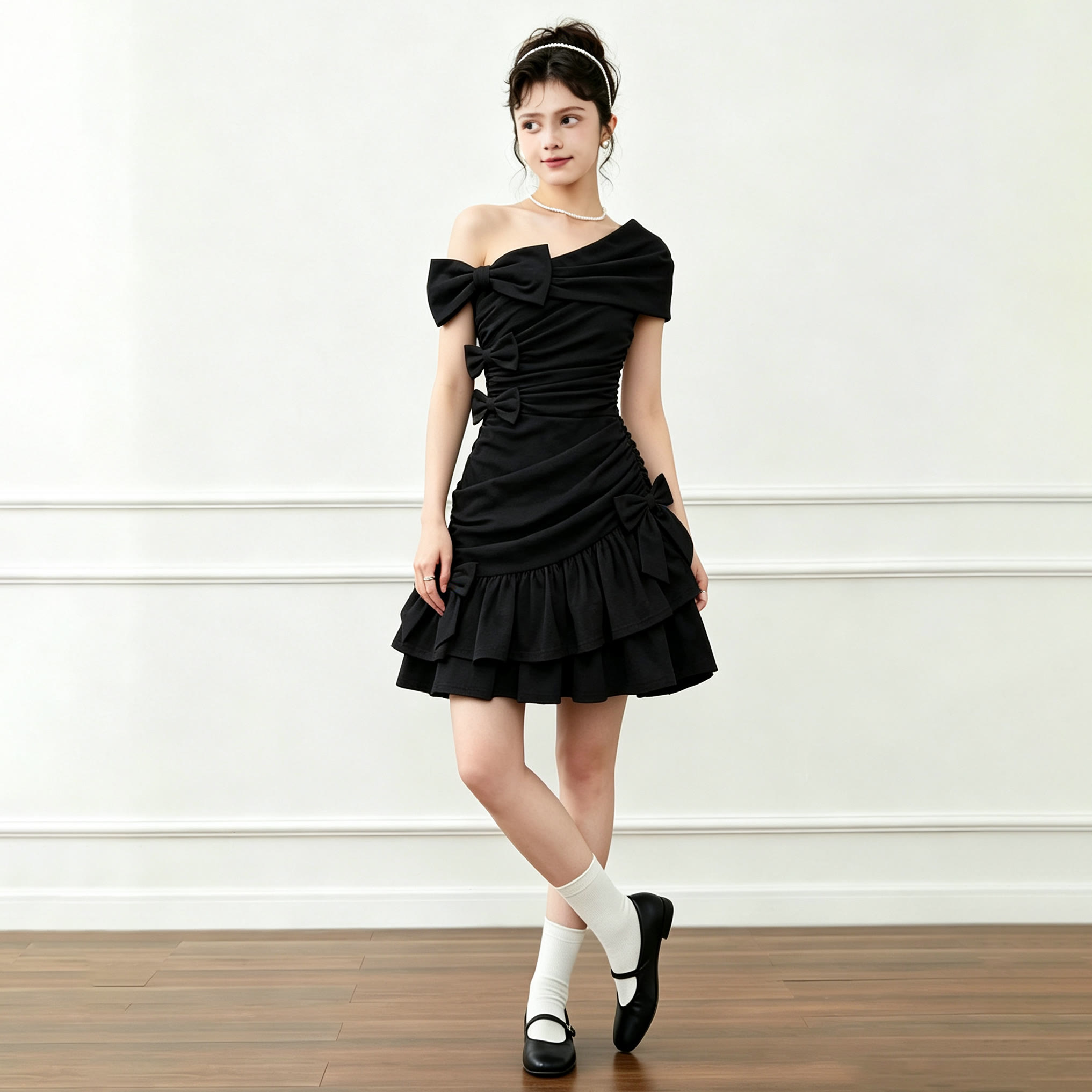  Chic Vintage One-Shoulder Bow Dress - Black - XL - image 1