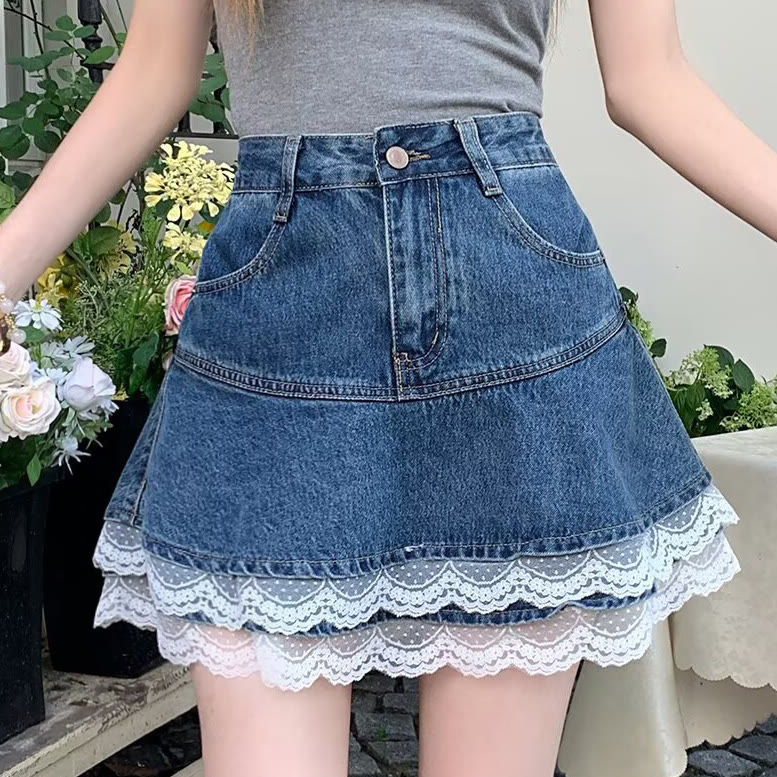 Vintage Lace Patchwork Denim Skirt - Blue - 5XL - image 1