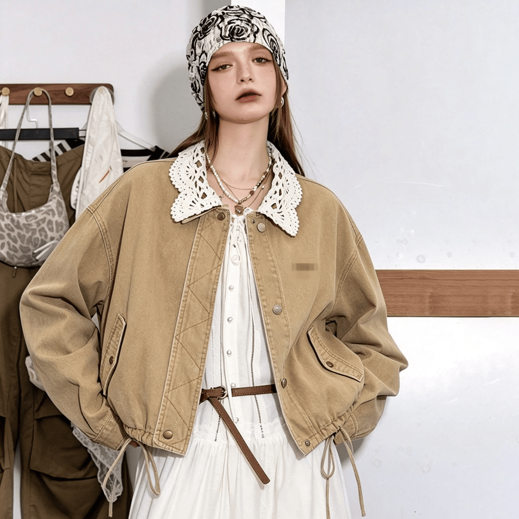 Vintage Ruffled Collar Jacket - Khaki - XL - image 1