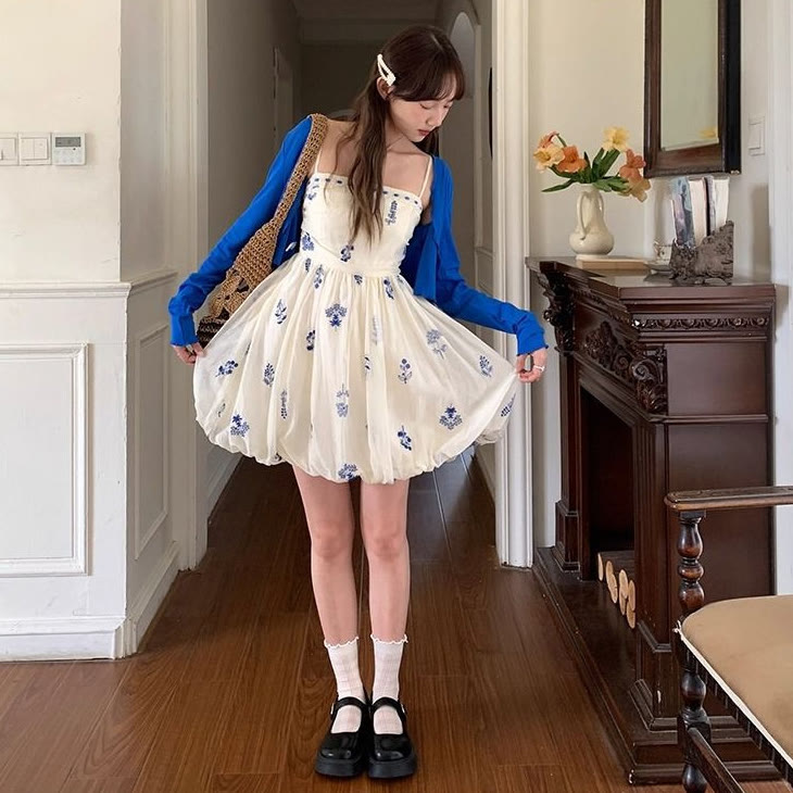 Sweet Floral Cardigan and Slip Dress Two Pieces Set - image 1