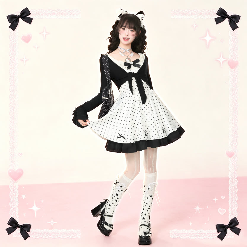 Sweet Bow Polka Dot Cardigan and Dress Two Pieces Set - image 1