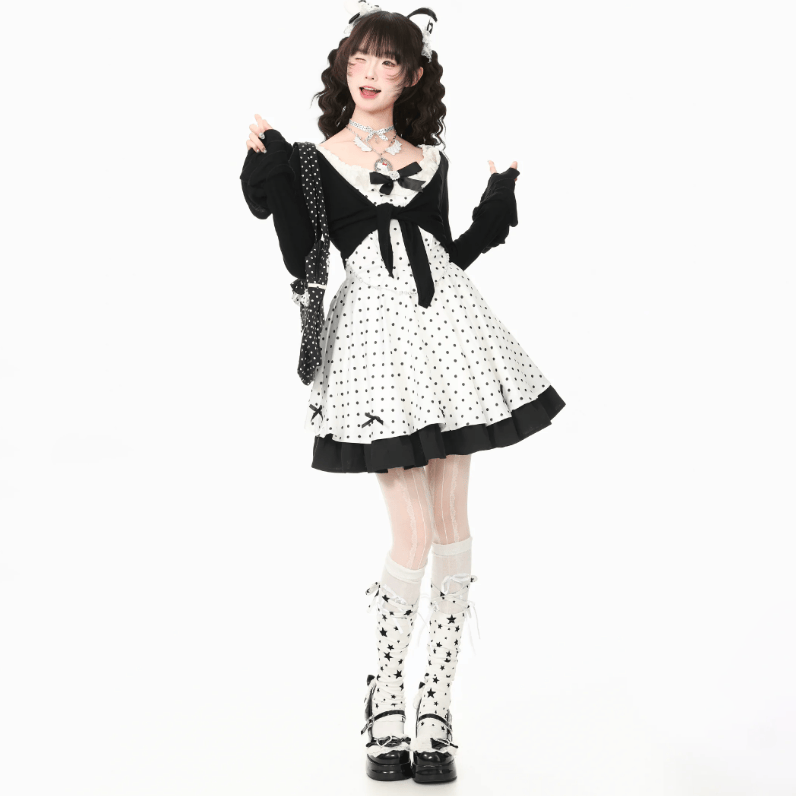 Sweet Bow Polka Dot Cardigan and Dress Two Pieces Set - image 3