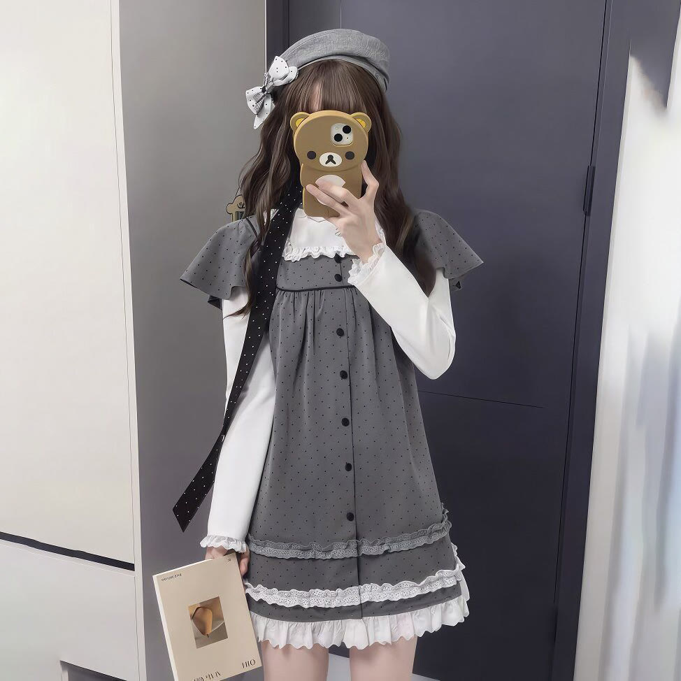 Sweet Polka Dot Fake Two Pieces Dress - image 3