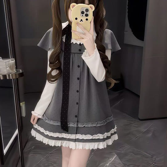 Sweet Polka Dot Fake Two Pieces Dress - Dress+Neck Accessory - XL - image 2