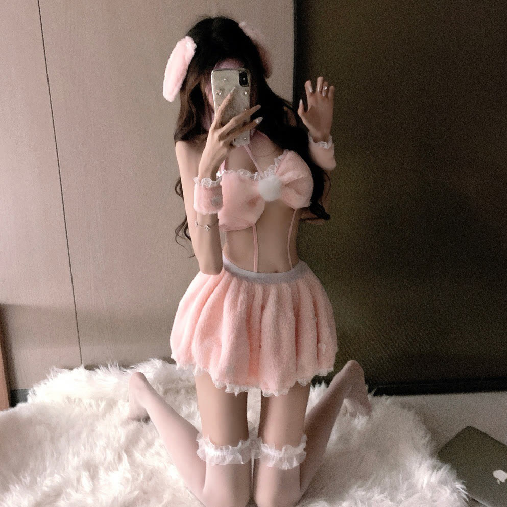 Pink Plush Bunny Girl Lingerie - Lingerie+Headband+Wristband+Lace White Stockings - One Size - image 2