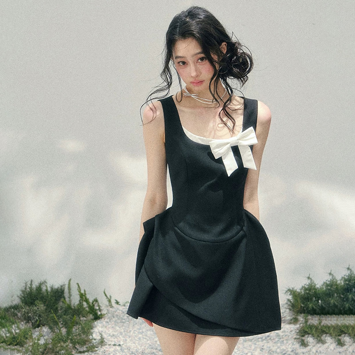 Square Neck Bow Spaghetti Strap Dress - Black - L - image 1