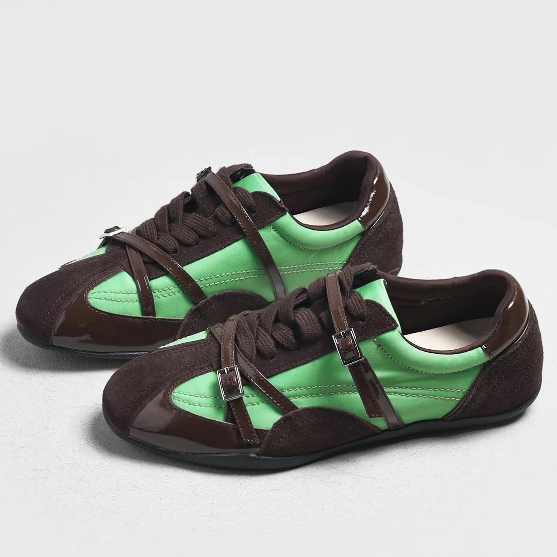 Leather Round Toe Color Block German Trainer Sneakers - Mocha Green - 40 - image 1