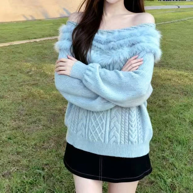 Off Shoulder Faux Fur Collar Knit Sweater - image 4
