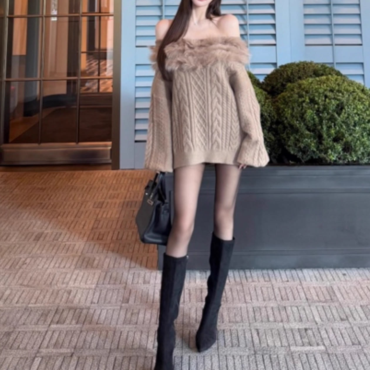 Off Shoulder Faux Fur Collar Knit Sweater - Khaki - One Size - image 9