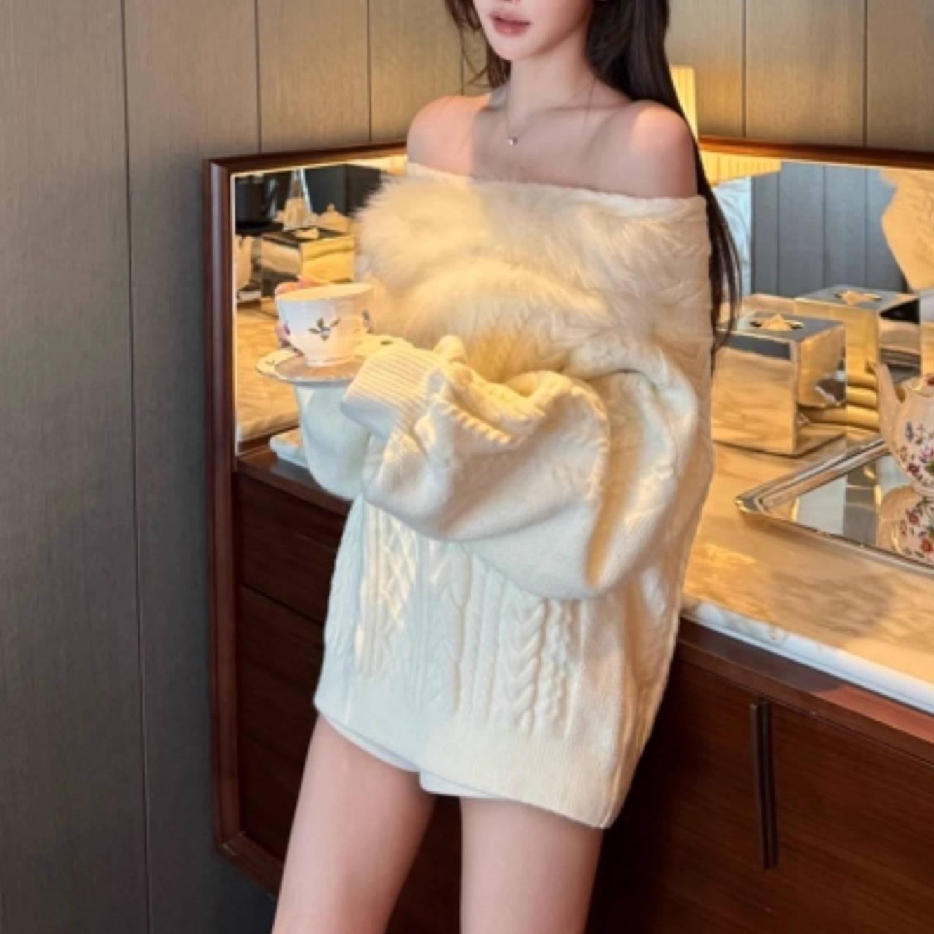 Off Shoulder Faux Fur Collar Knit Sweater - image 7