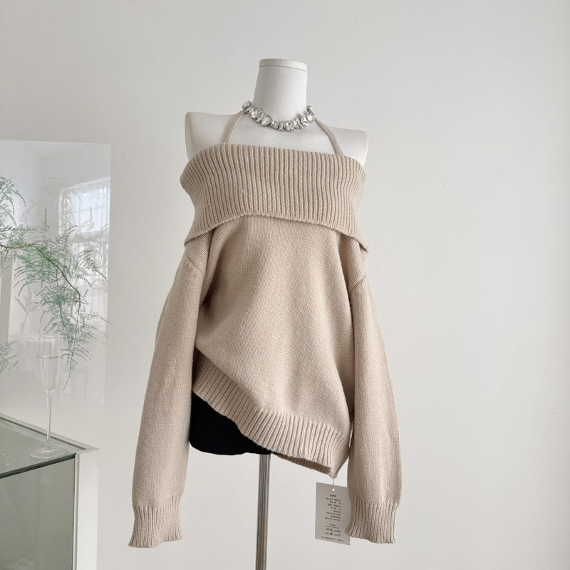 Off Shoulder Halter Neck Long Sleeve Knit Top - Khaki - L - image 2