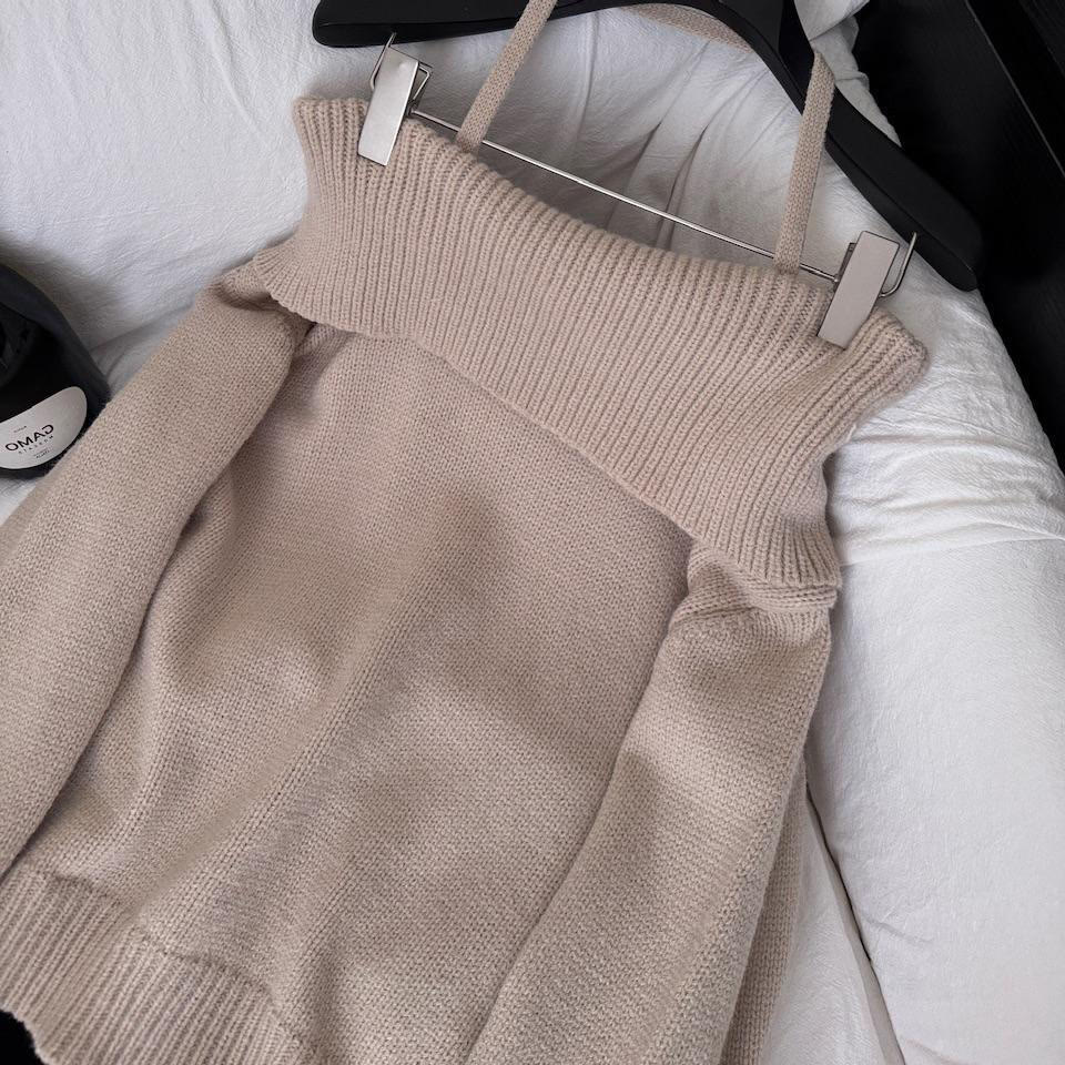 Off Shoulder Halter Neck Long Sleeve Knit Top - image 3