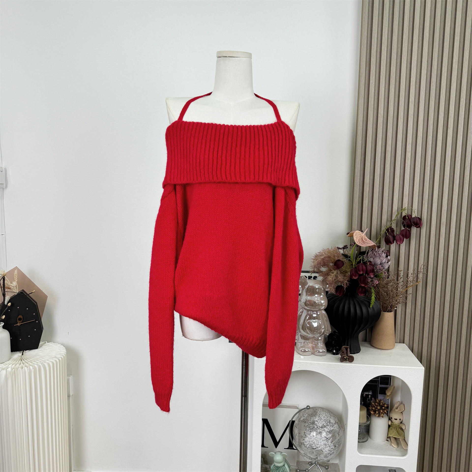 Off Shoulder Halter Neck Long Sleeve Knit Top - Red - L - image 9