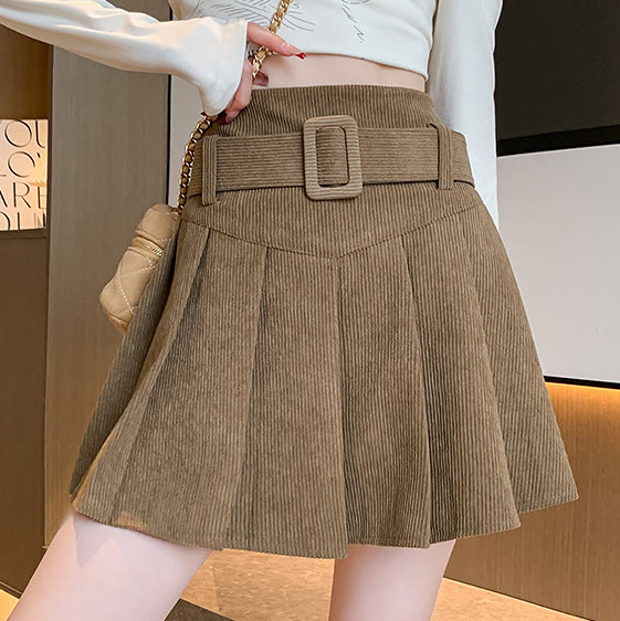 Chic Corduroy Belted Pleated Skirt - Khaki - XL - image 2