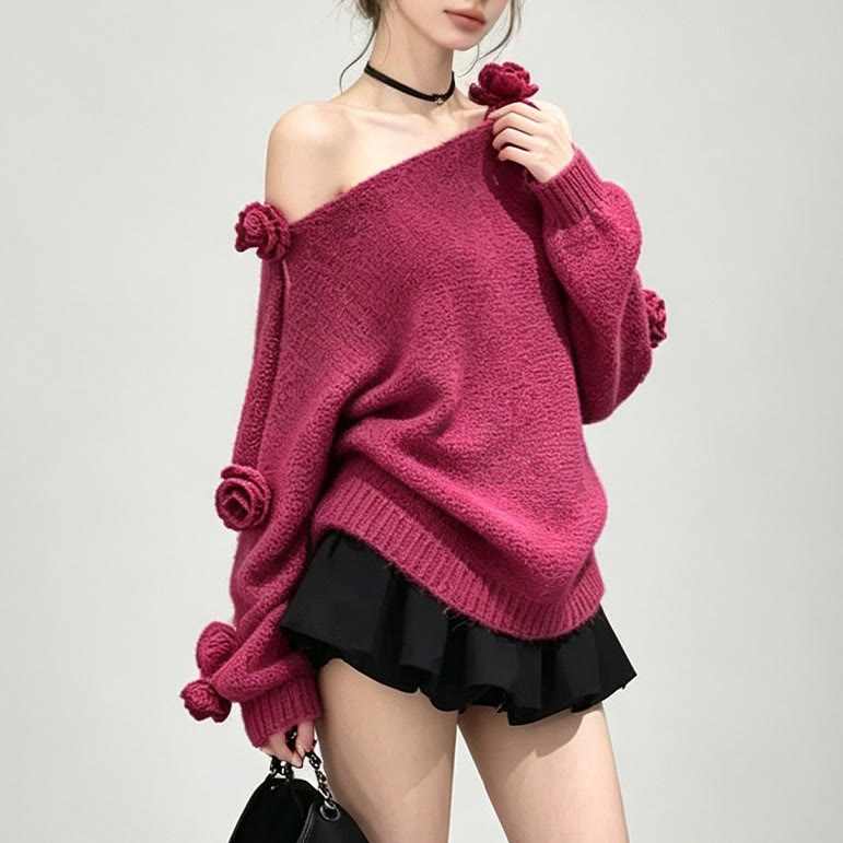 3D Flower Off Shoulder Knit Top - image 3