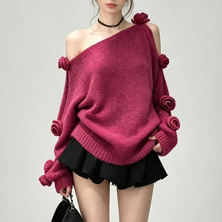 3D Flower Off Shoulder Knit Top - Magenta - One Size - image 1