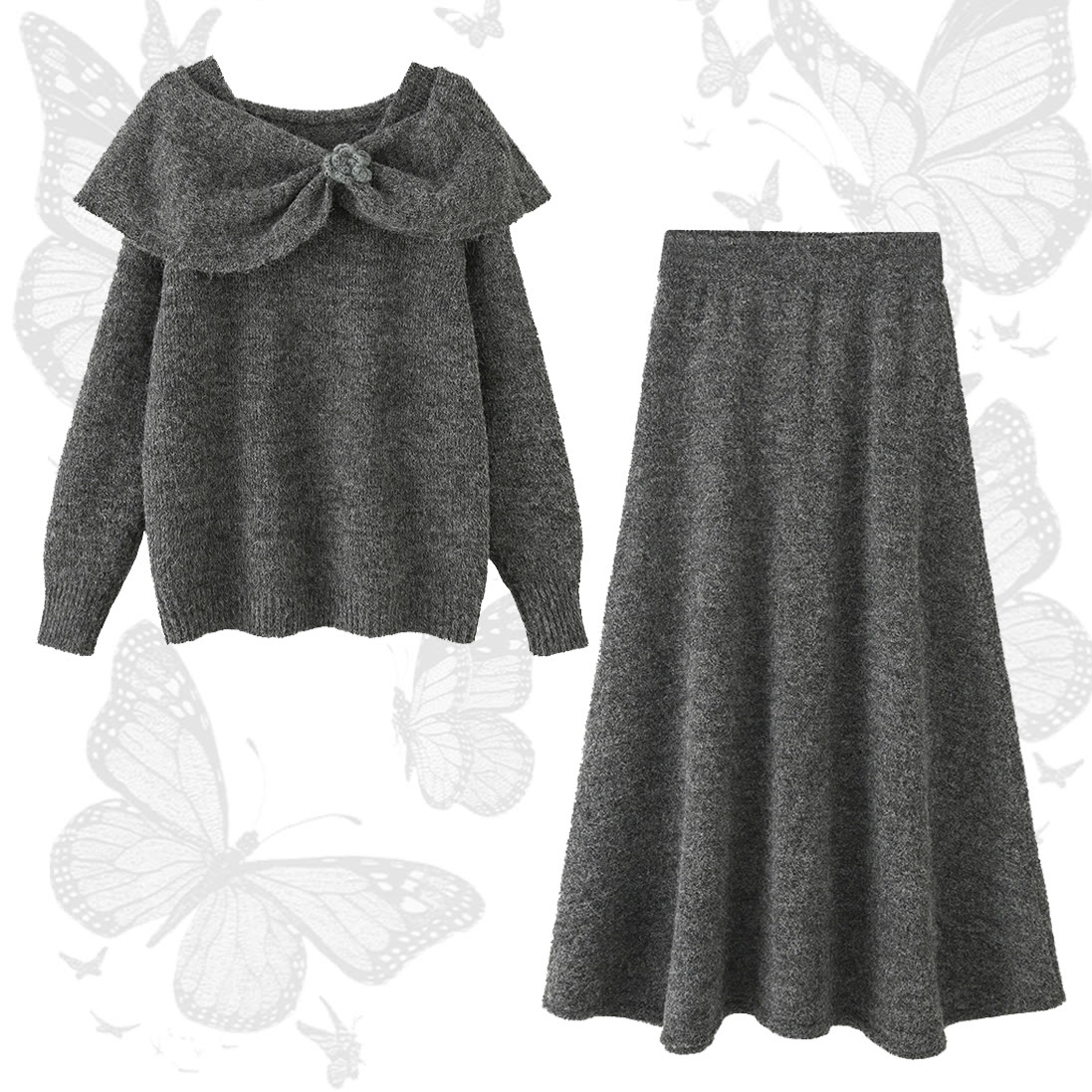 Bow Knit Top and Skirt Two Pieces Set - image 1