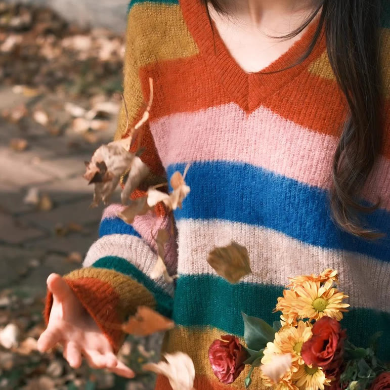 Chic Rainbow Striped V Neck Sweater - image 3