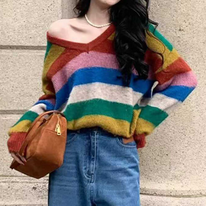 Chic Rainbow Striped V Neck Sweater - image 2
