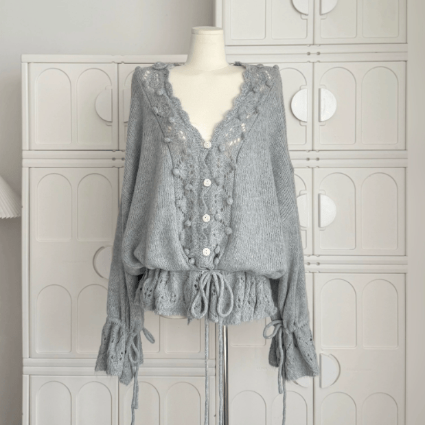 Openwork Crochet V Neck Knit Sweater - Grey - One Size - image 2