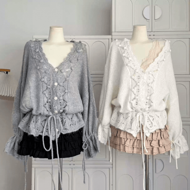 Openwork Crochet V Neck Knit Sweater - image 1