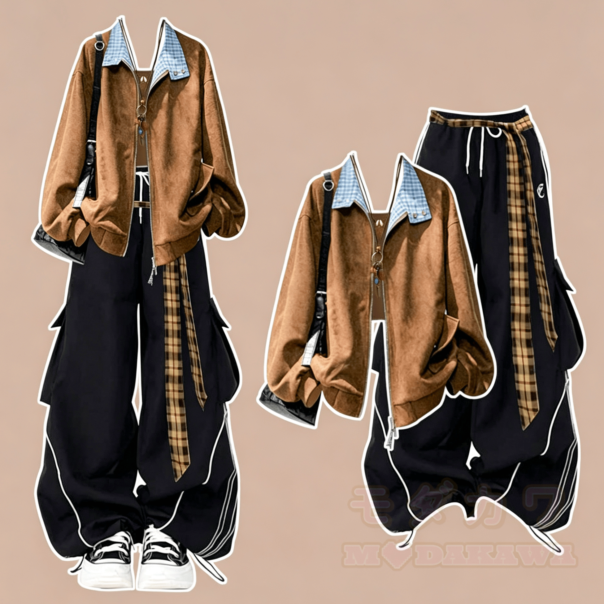 Vintage Plaid Patchwork Jacket and Cargo Pants Two Pieces Set - image 1