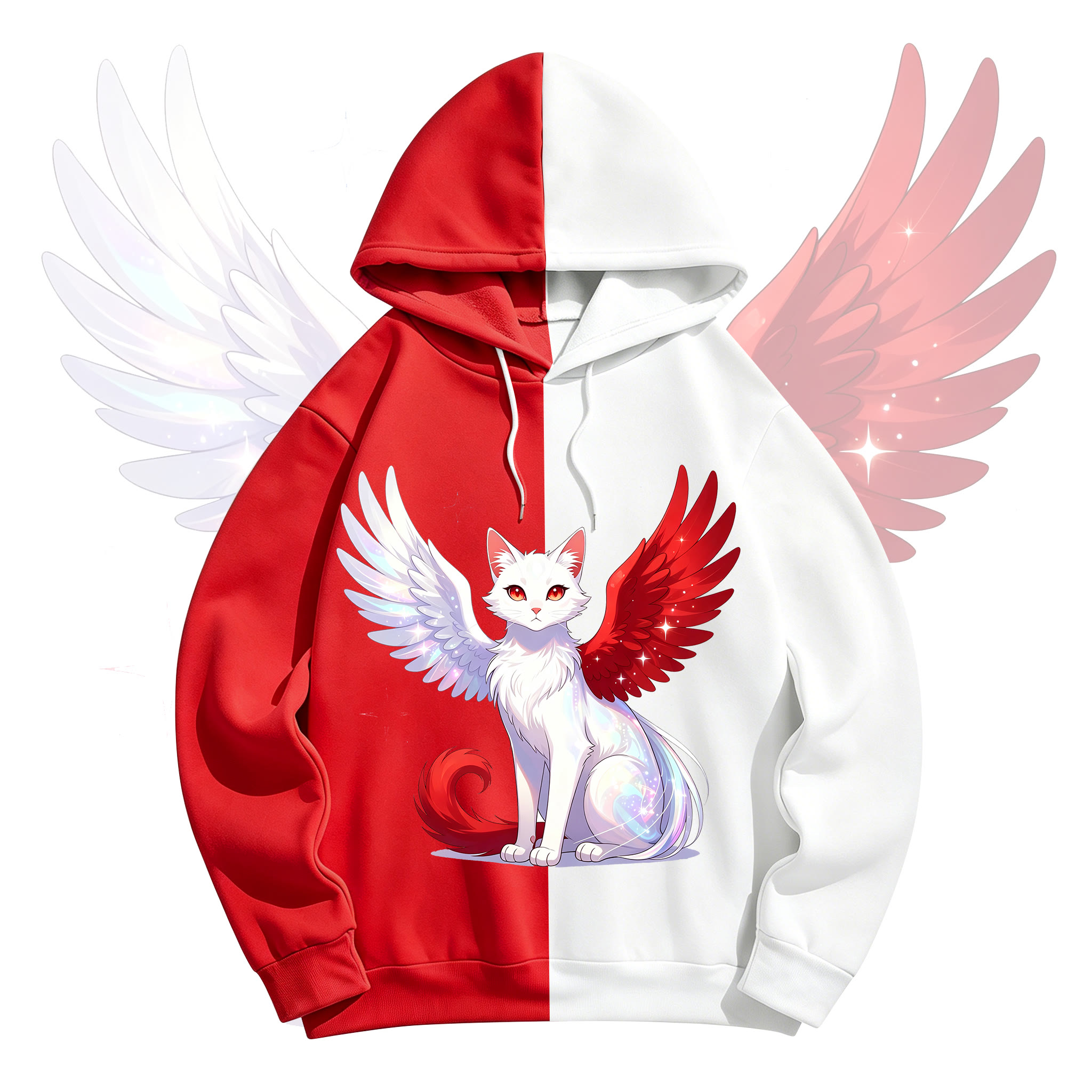 MODAKAWA Red White Colorblock Cat Angel Graphic Hoodie - Red & White Color Block - 5XL - image 1