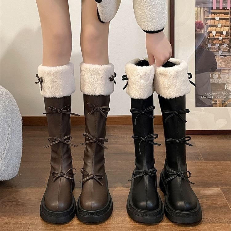 Bow Detail Faux Fur Collar Platform Tall Boots - image 9