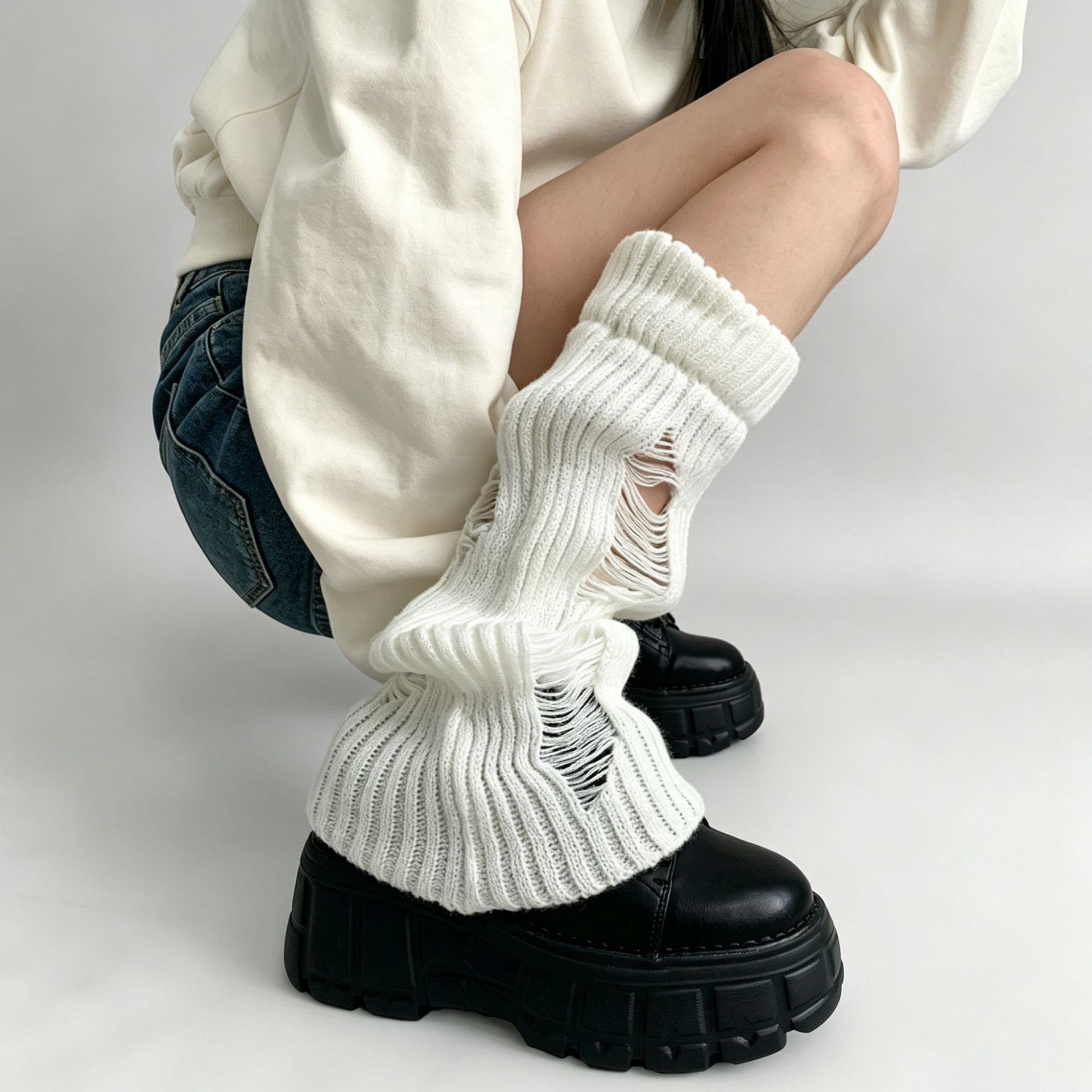 Knit Flare Leg Warmers Socks - White Hollow Out - One Size - image 6