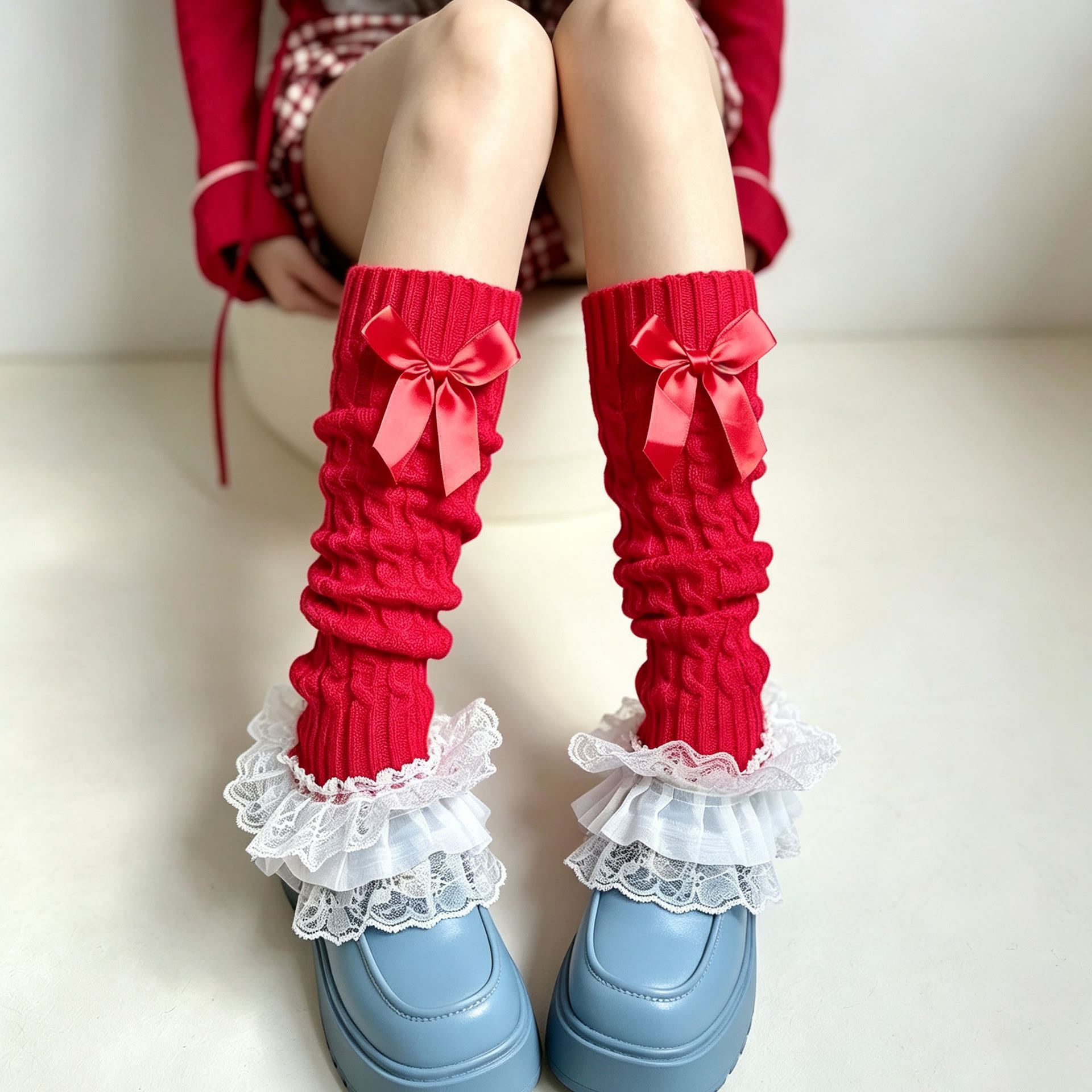 Lace Trim Calf Leg Warmers - Red - One Size - image 7