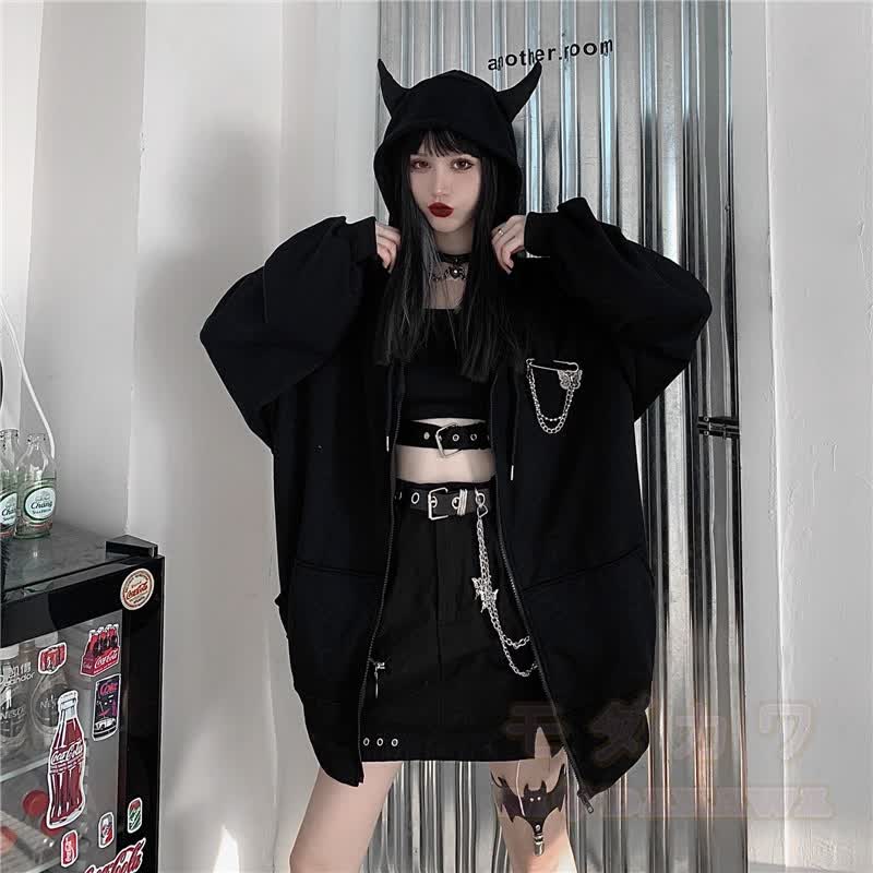 Dark Gothic Little Devil Hooded Hoodie Jacket - Black - One Size - image 1