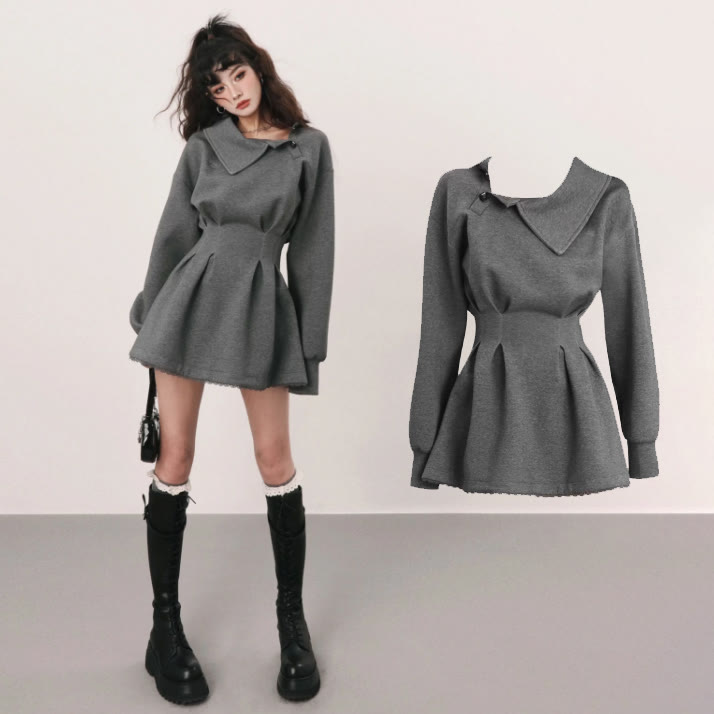 One Shoulder Long Sleeve Hoodie Dress - Grey - L - image 1