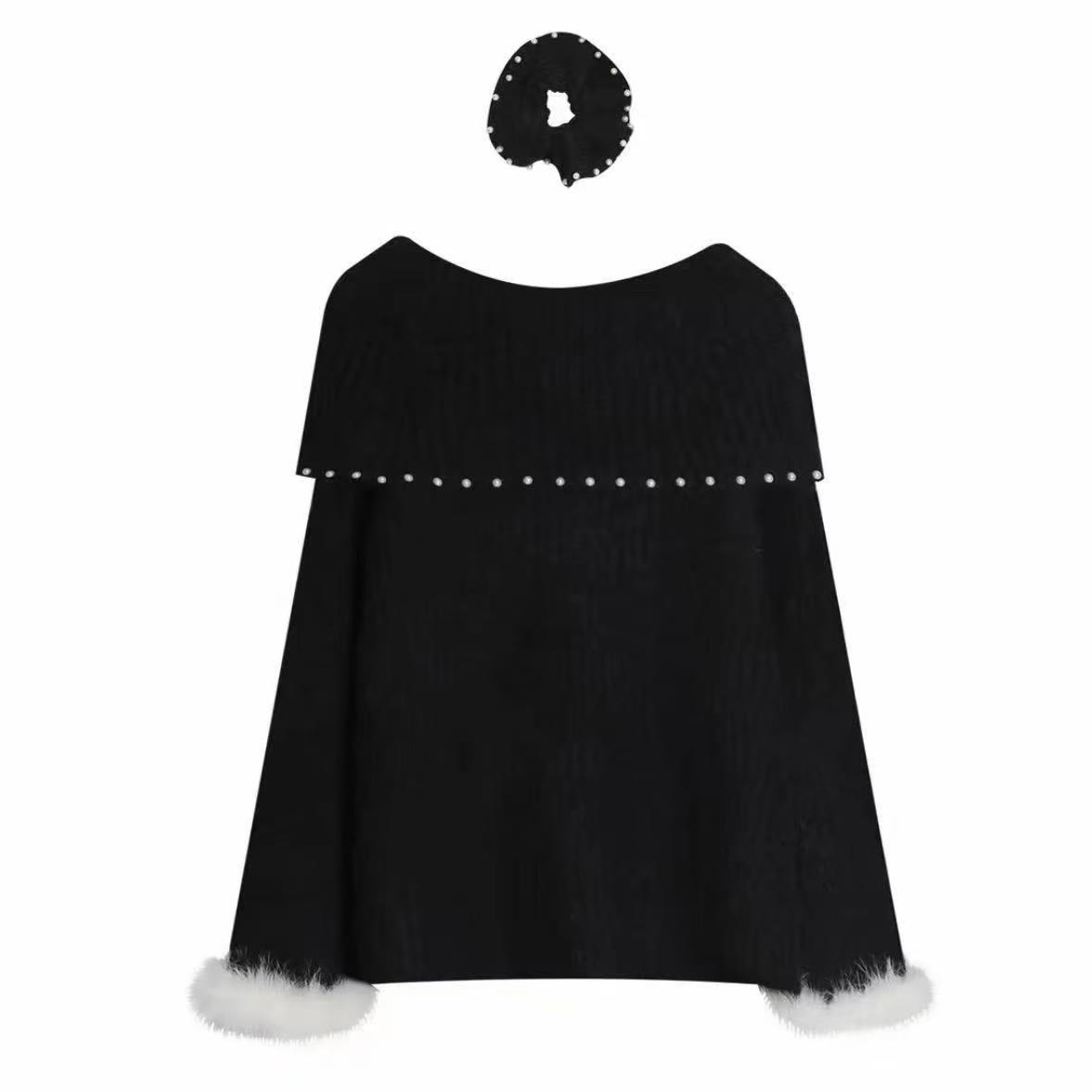 Off Shoulder Fur Sleeve Sweater and Heart Skirt Two Pieces Set - Black Top - One Size - image 9