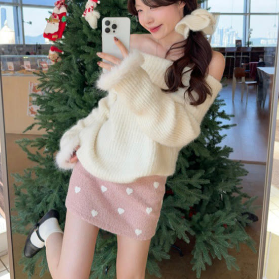 Off Shoulder Fur Sleeve Sweater and Heart Skirt Two Pieces Set - image 6