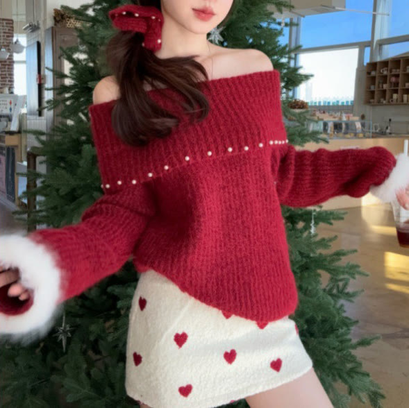 Off Shoulder Fur Sleeve Sweater and Heart Skirt Two Pieces Set - image 3