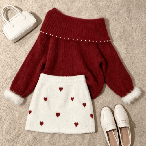 Off Shoulder Fur Sleeve Sweater and Heart Skirt Two Pieces Set - image 1